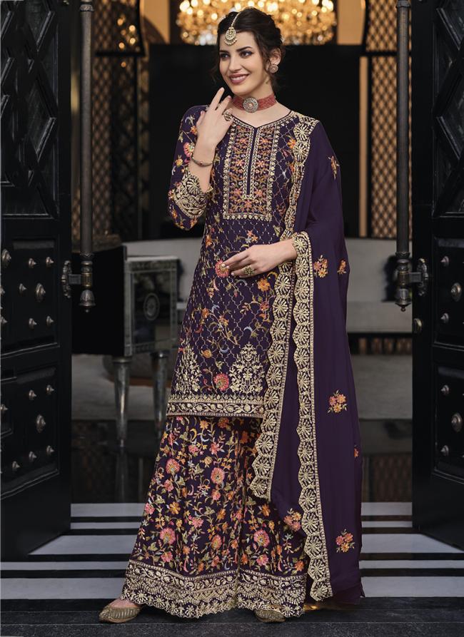 Premium Silk Purple Wedding Wear Embroidery Work Plazzo Suit